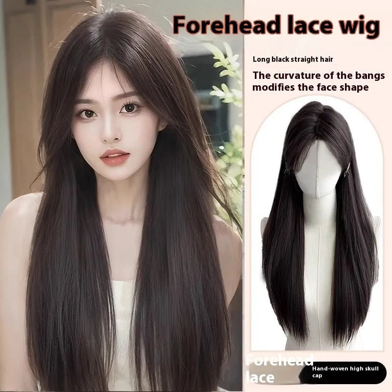 Forehead lace long straight full-head wig in dark brown with side bangs styling
