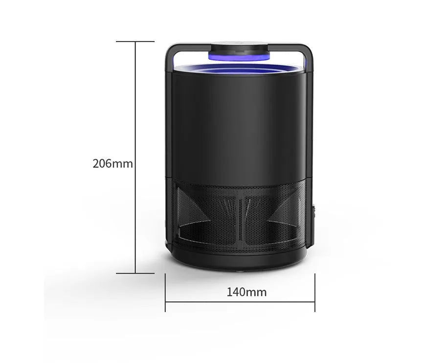 Black intelligent mosquito killer lamp with ABS housing, 13x14x20.6cm, on a table