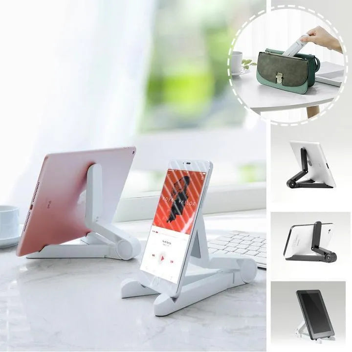 Black foldable tablet holder supporting tablet in landscape position on desk