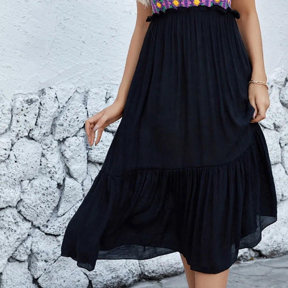 Purple sleeveless dress with hand-hooked floral stitching on cotton blend fabric