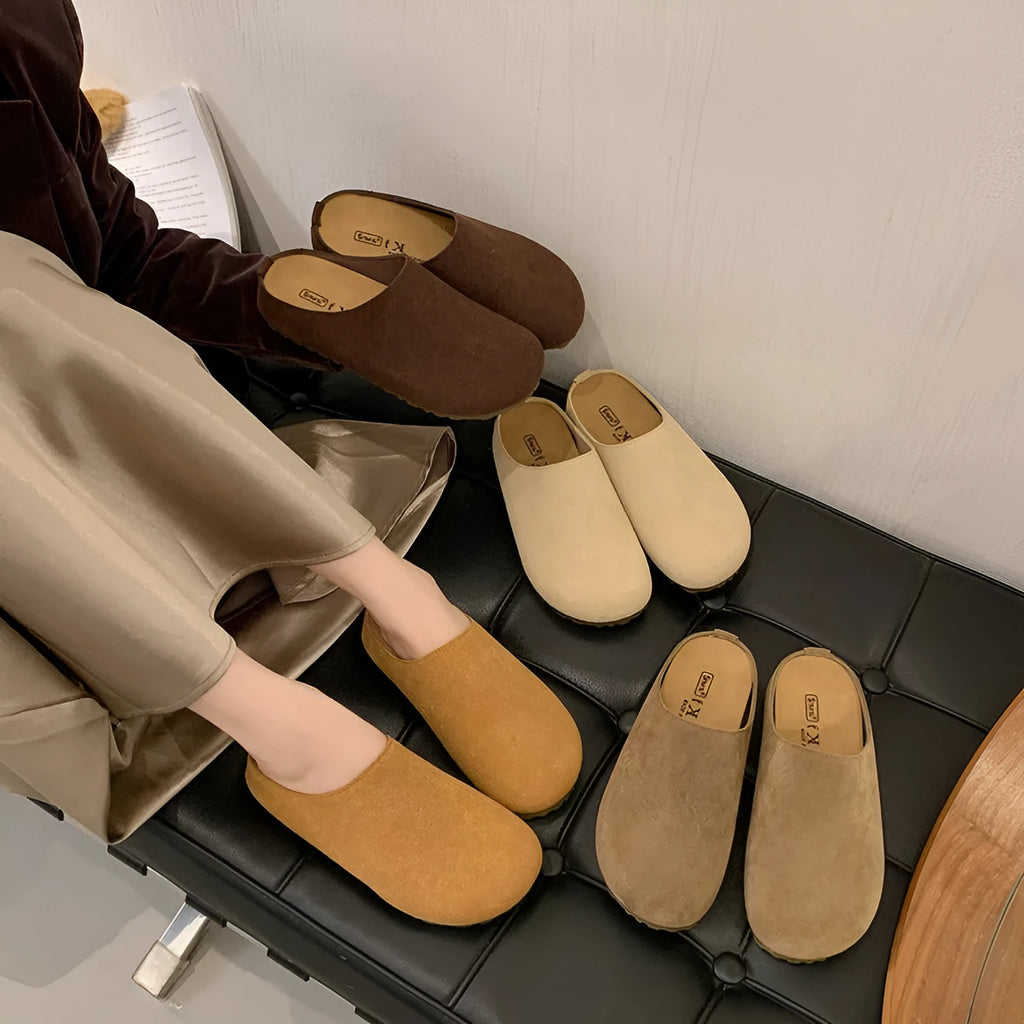 Korean-style outdoor slip-on slippers in apricot colour with square toe and microfiber construction