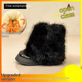 Women's black fleece-lined low-top snow boots with a round toe and waterproof platform sole.