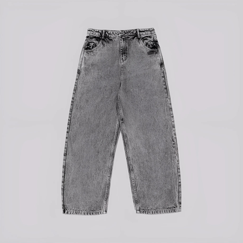 Grey loose straight-leg cotton denim trousers on a hanger, showing mid waist and straight leg cut.