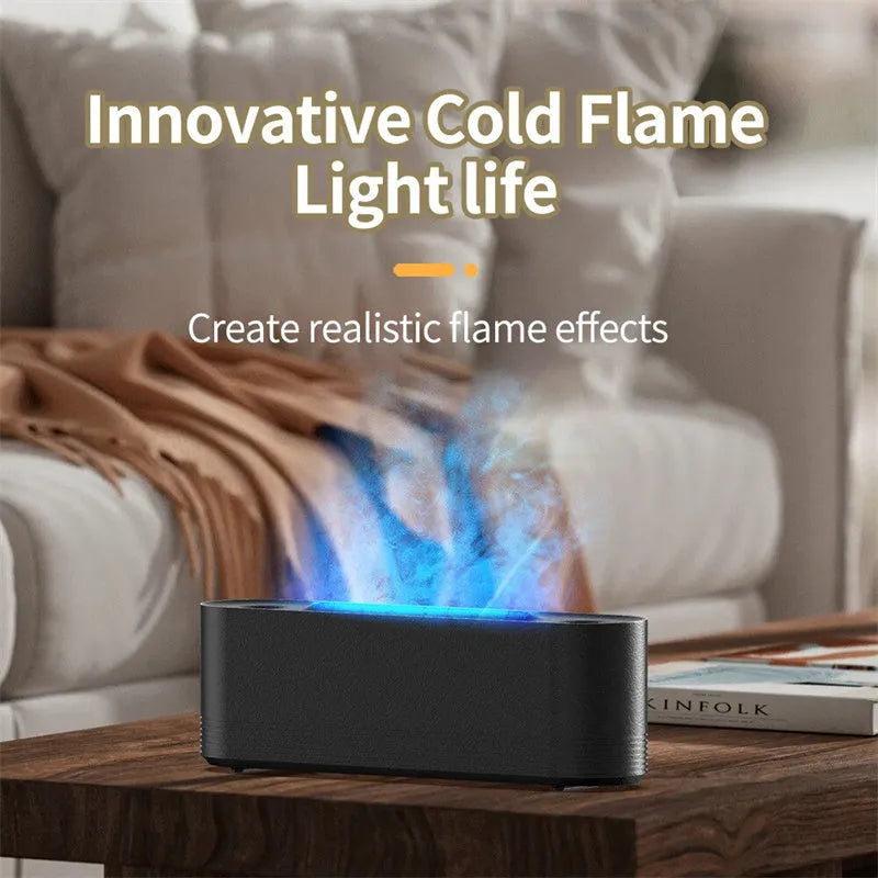 Black Flame Air ultrasonic humidifier diffuser emitting cool mist with a multi-colour LED flame light effect at its base.