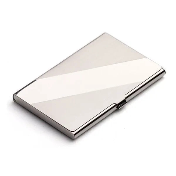 304 stainless steel business card case with geometric laser engraving showing 92.5 x 58 mm dimensions