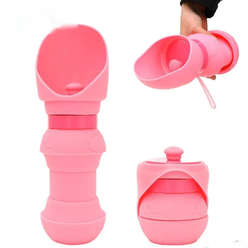 Collapsed and opened views of a silicone folding pet water cup with a lid, shown in a choice of colours.