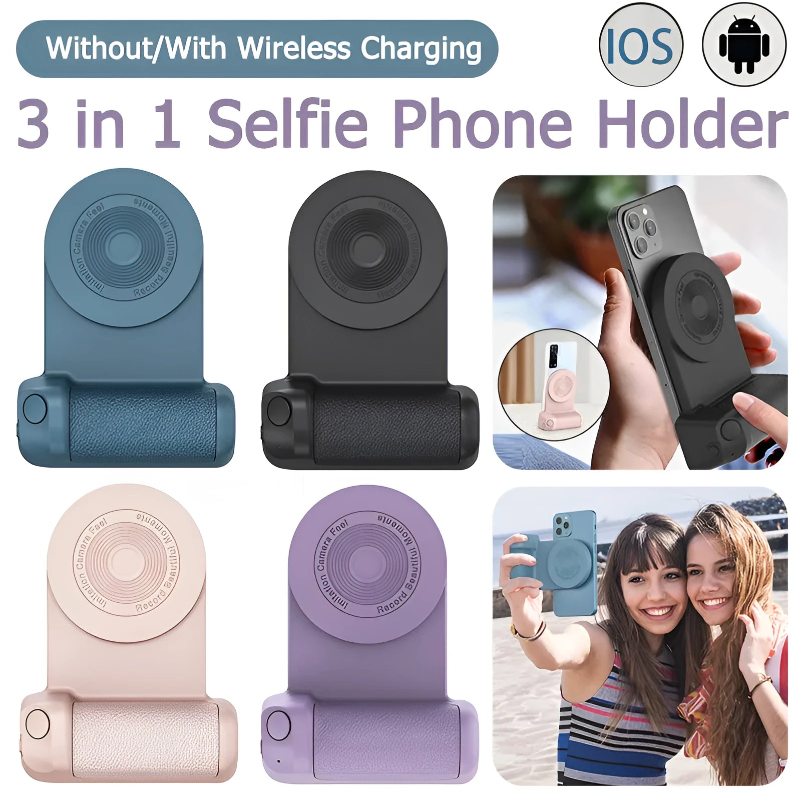 Black magnetic camera phone holder with rotatable tilt mechanism and ergonomic PU leather grip