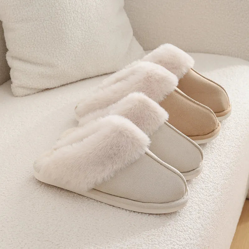 Women's indoor plush slippers in round-toe design with cotton upper and PVC anti-slip soles
