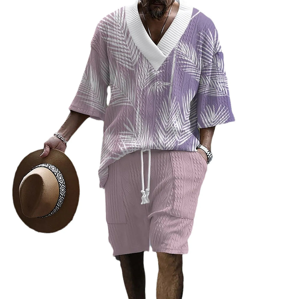 Men's printed drop shoulder knitted shorts suit in chemical fibre blend fabric