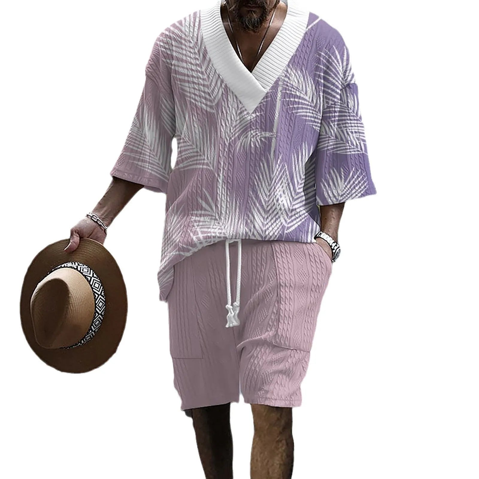 Men's printed drop shoulder knitted shorts suit in chemical fibre blend fabric
