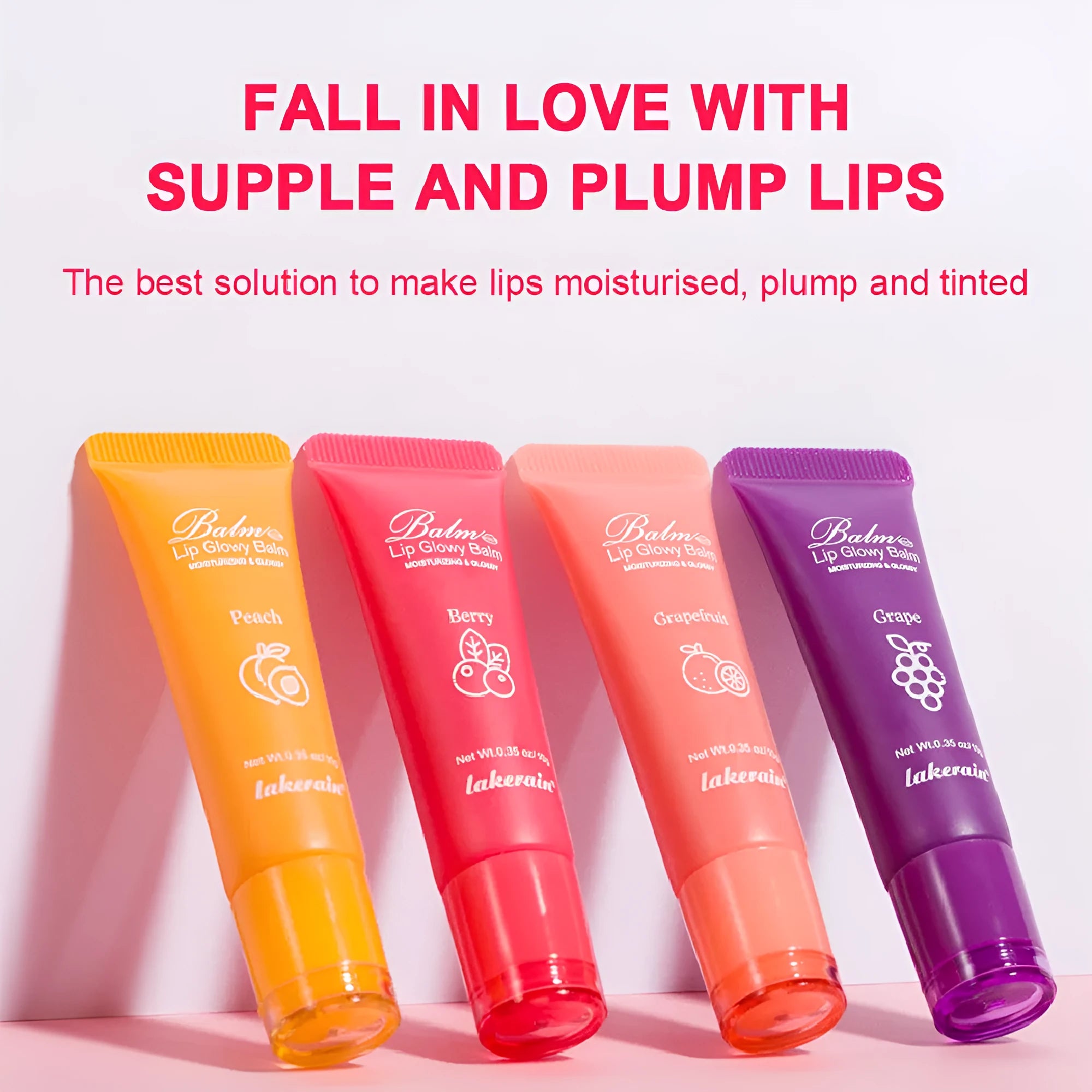 Women's flavoured lip gloss tube in four fruit flavour options: yellow peach, berry, pomelo, and grape