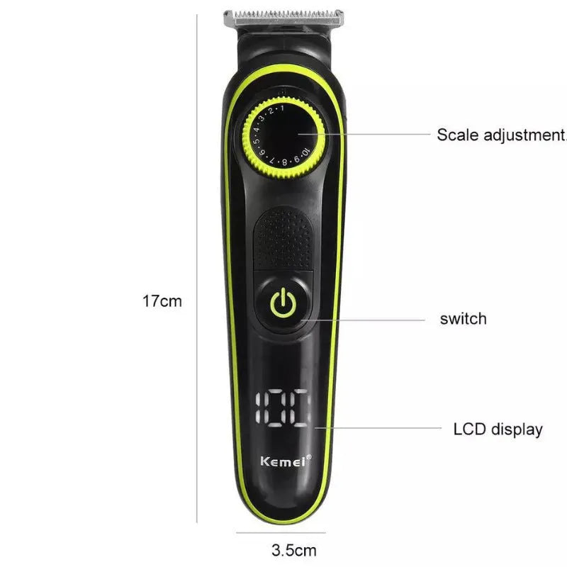 Black household electric hair clipper model KM-696 with USB cable and accessories on a plain background.