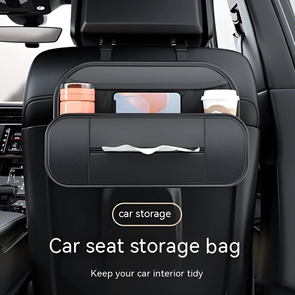 Black leather car seat rear storage bag attached to a vehicle seat, showing its storage box shape.