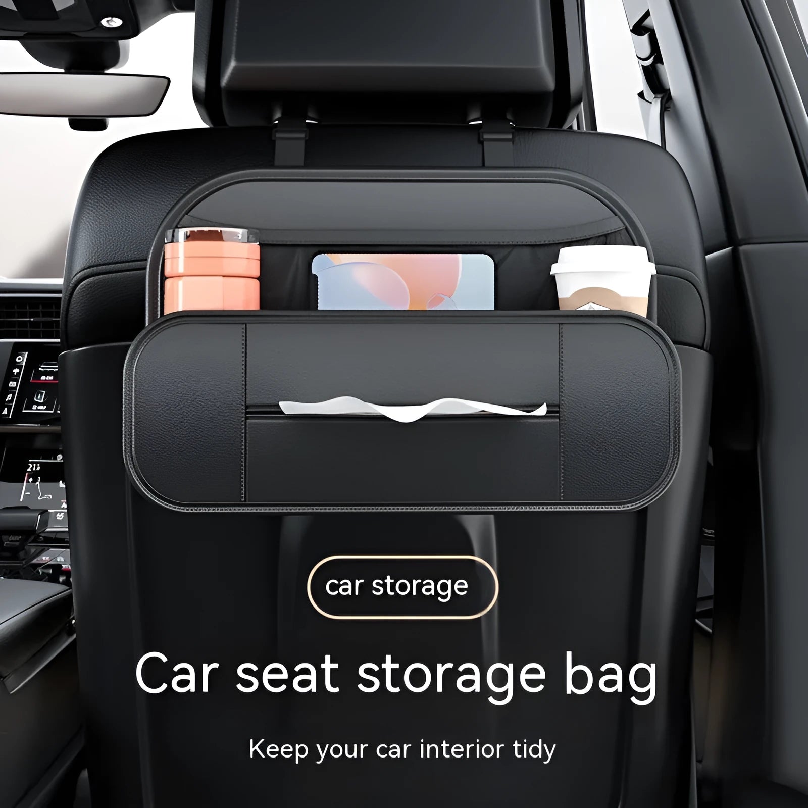Black leather car seat rear storage bag attached to a vehicle seat, showing its storage box shape.