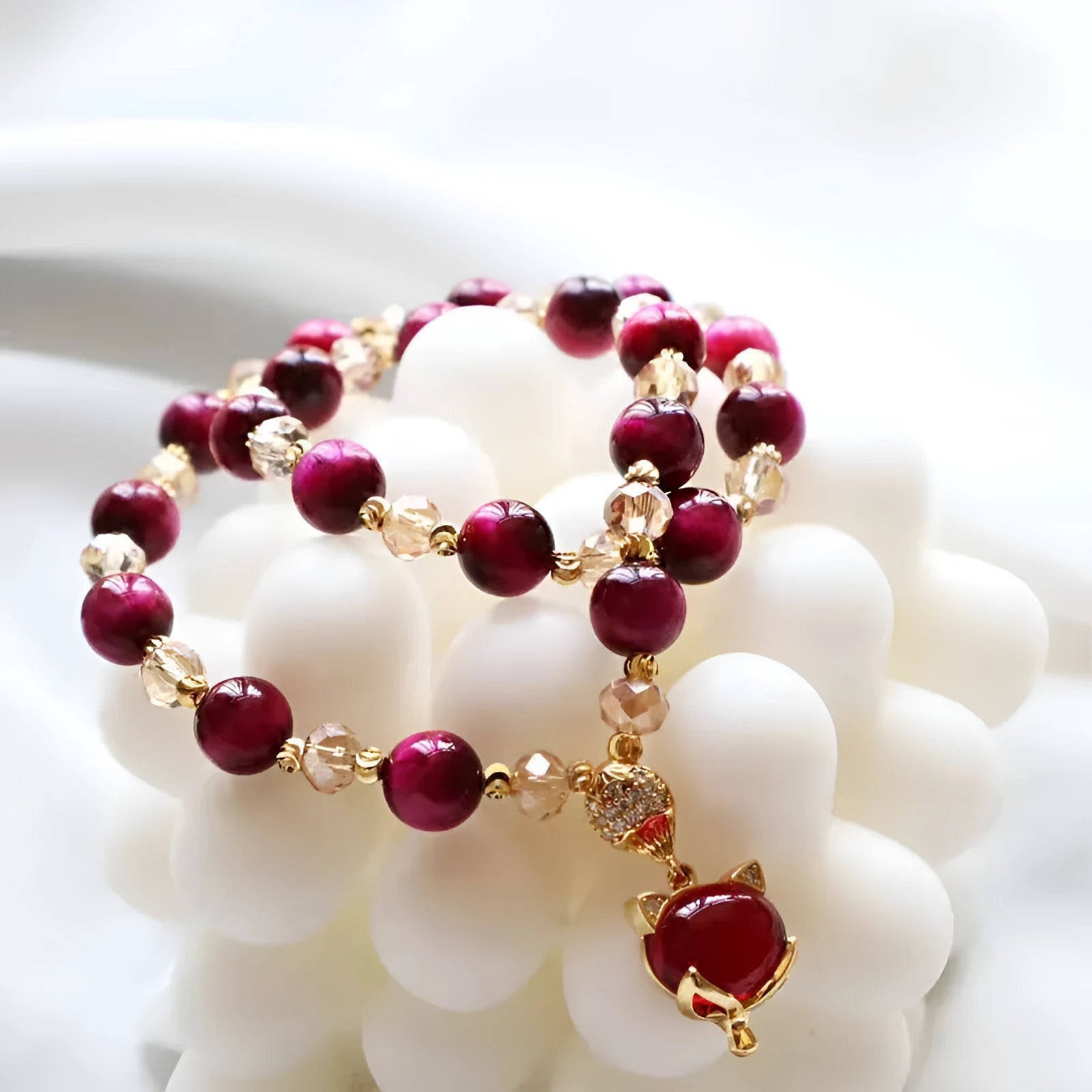 Natural tigereye stone bracelet with single or double chain design in rose red or green styles