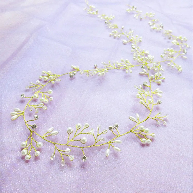 Bridal long hair band with pearls on wire, in gold silver or rose gold, showing length options.