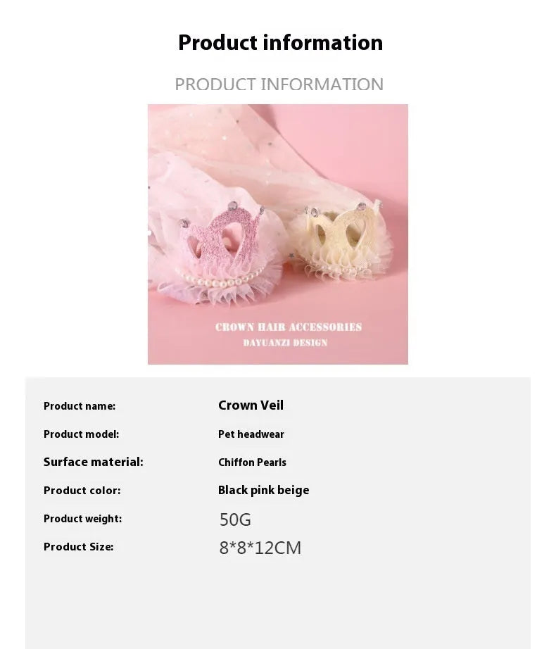 Pet wearing princess crown headdress with floral decoration and attached veil