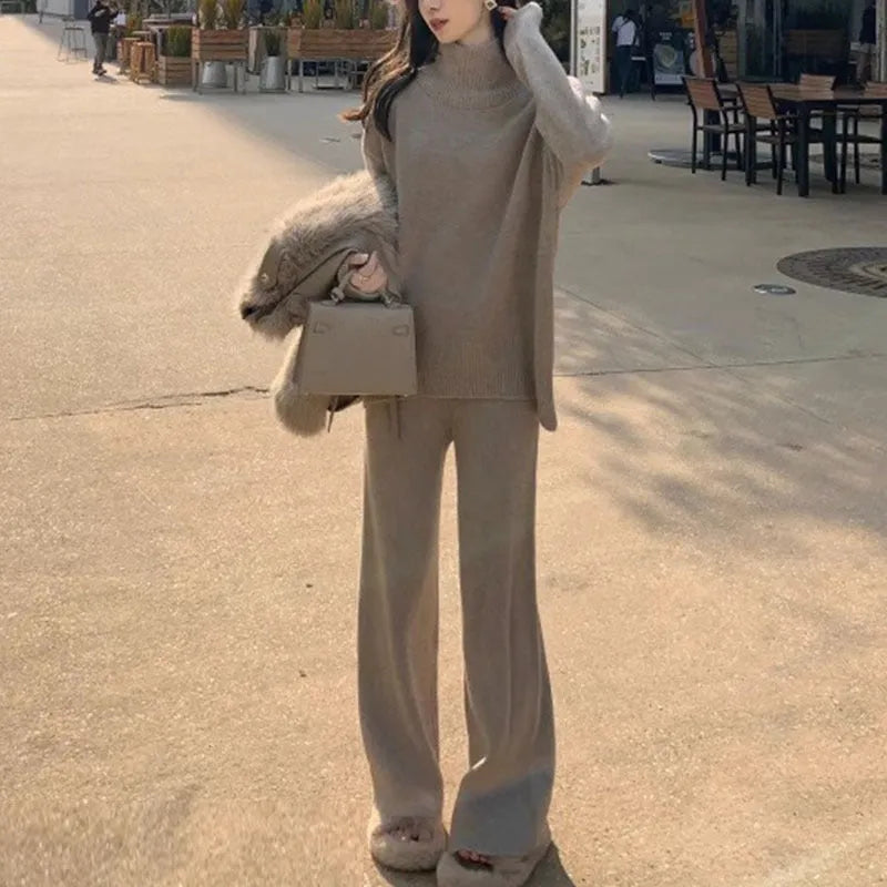 Women's beige acrylic fibre sweater and wide leg pants two-piece casual set