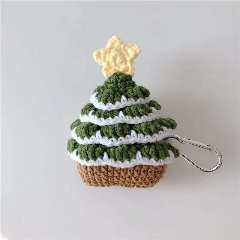 Green knitted Christmas tree flip-style headset case compatible with Apple AirPods models with hook