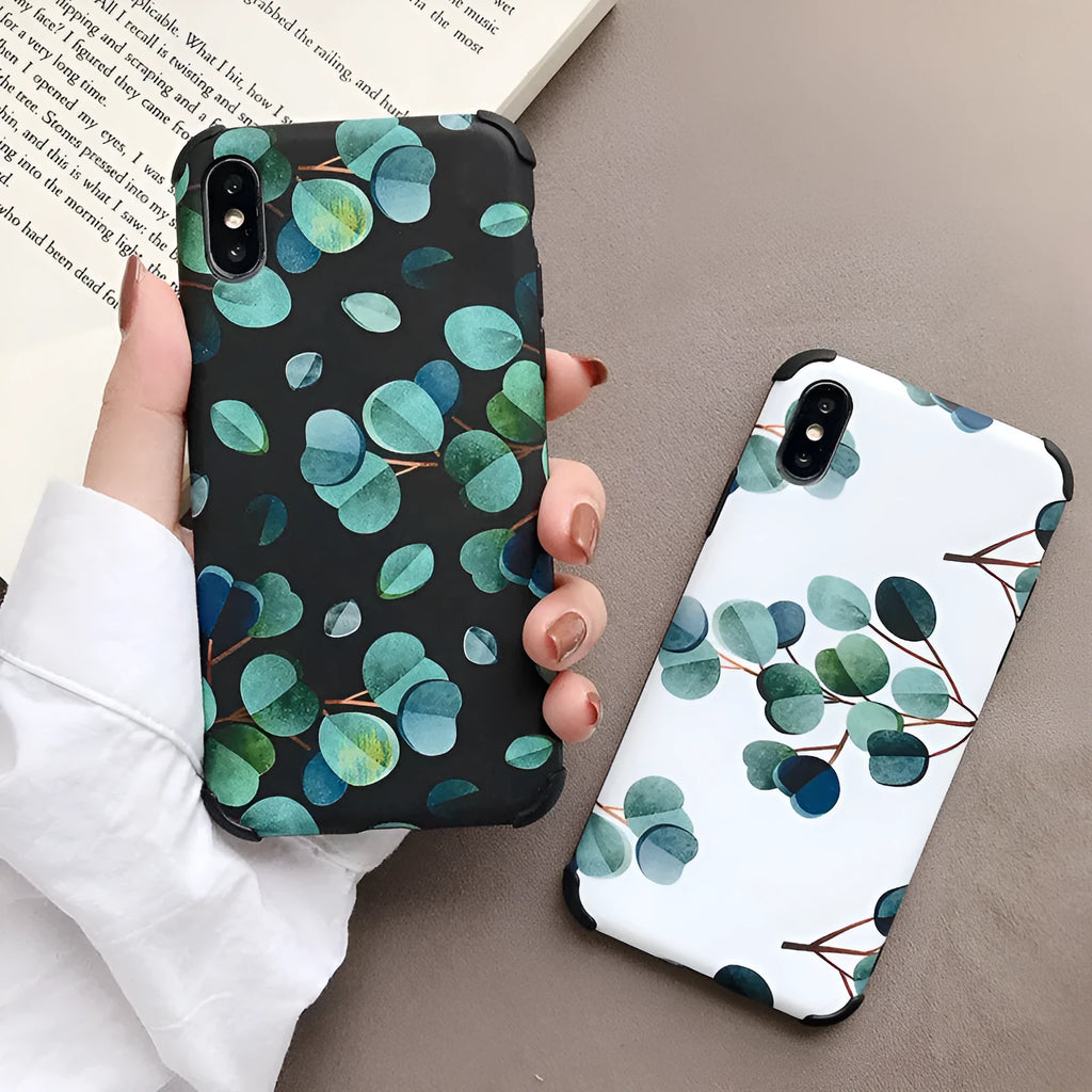 Black silicone leaf pattern phone case shown fitted on an iPhone.