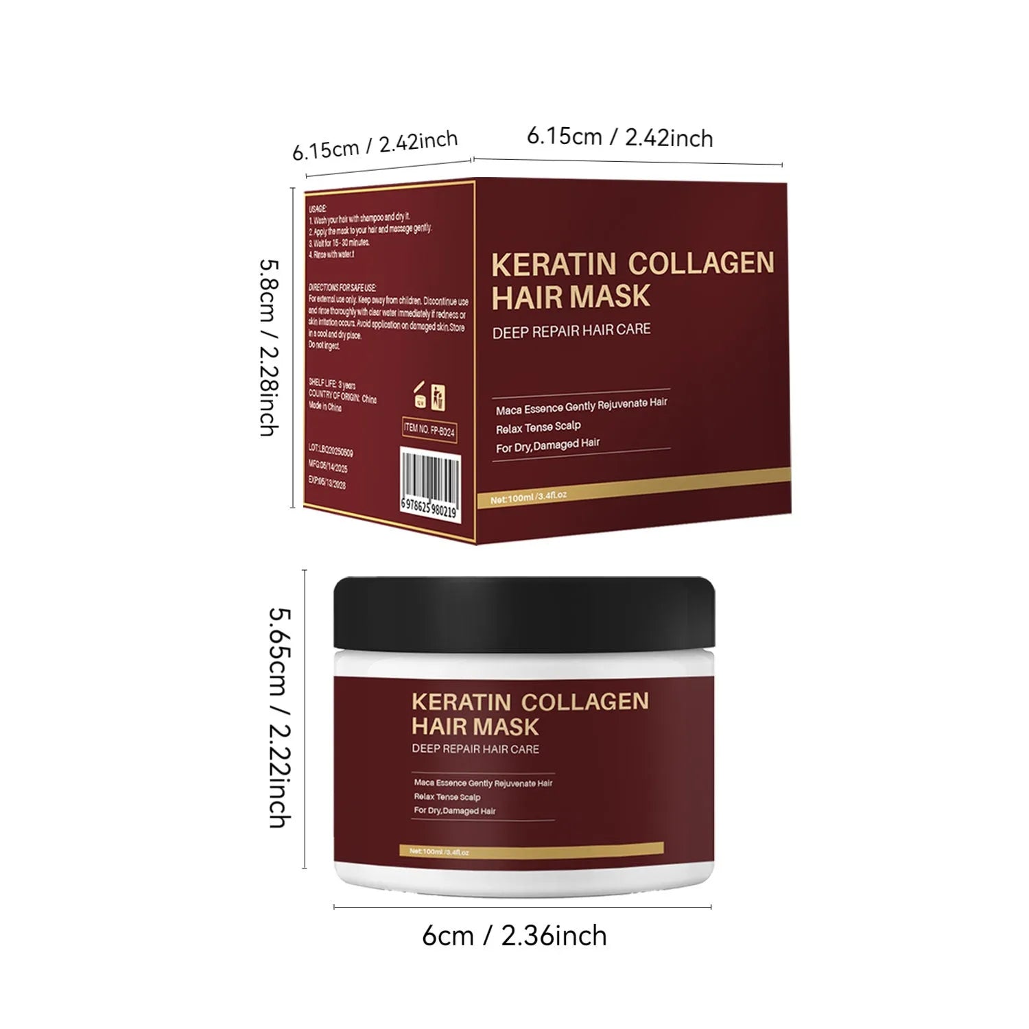 100ml pot of collagen protein hair mask for moisturising and repairing dry hair.