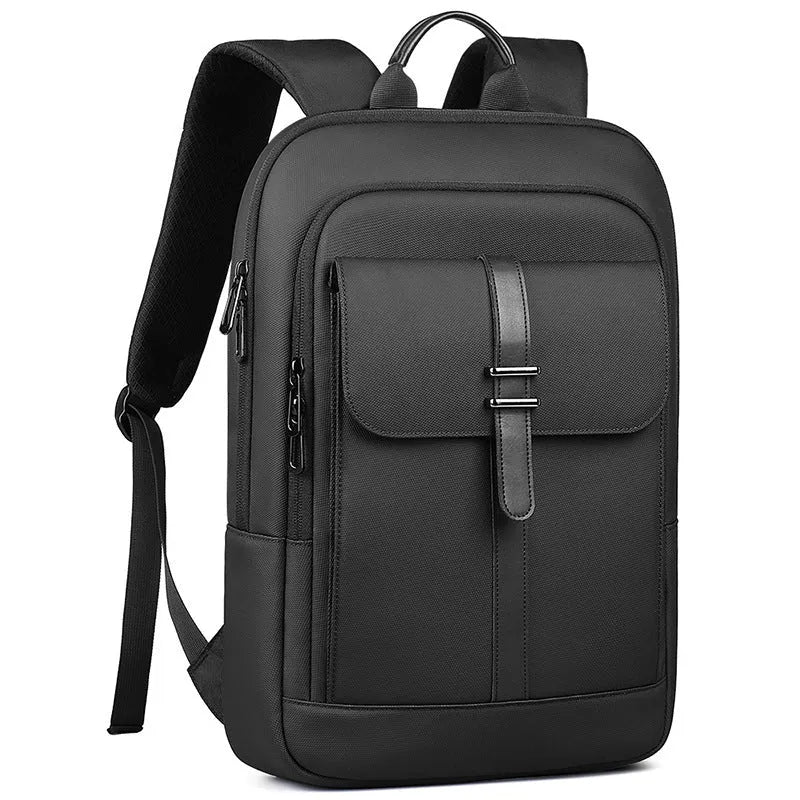Solid black Oxford cloth backpack with wear-resistant sewing for business commuting