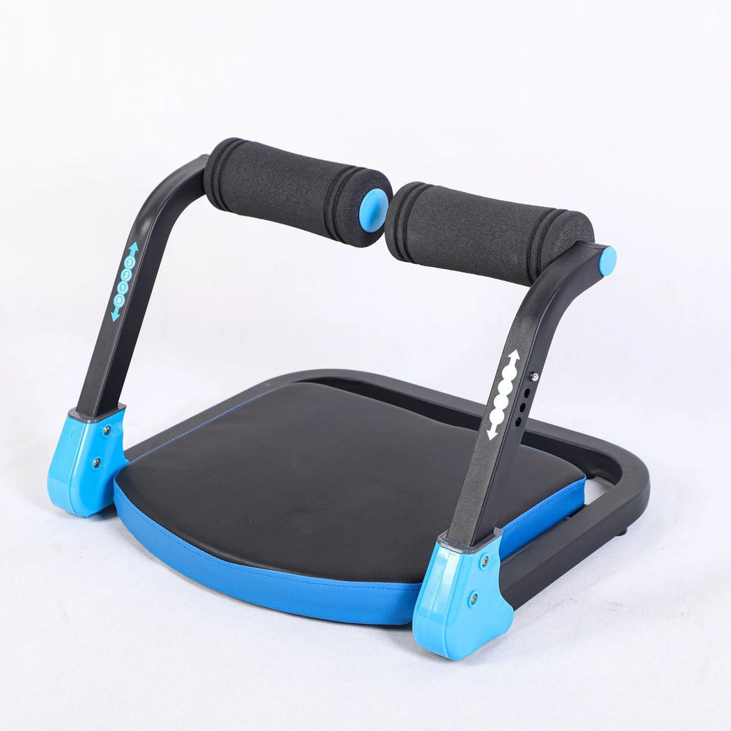 Sky blue and red portable mini abdominal exercise device for home and office fitness.