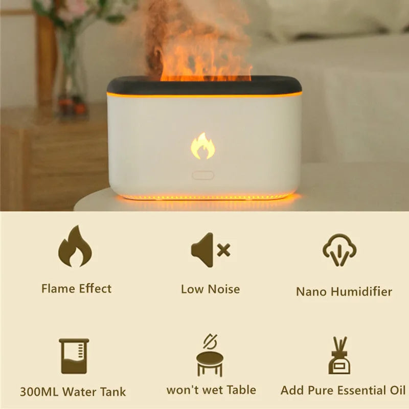 3D flame humidifier 300ml ultrasonic aroma diffuser in black with USB cable on desk