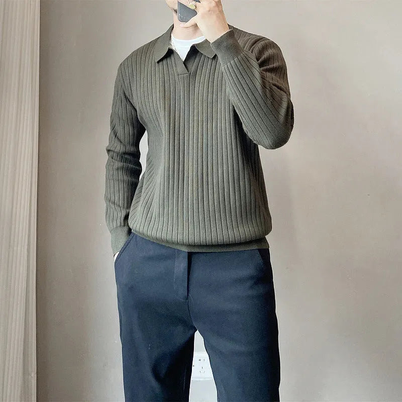 Men's loose fit knitted pullover sweater with texture lapel in light grey colour