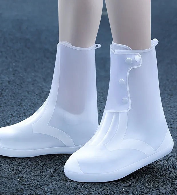 White PVC high-top reusable waterproof shoe covers with anti-skid soles