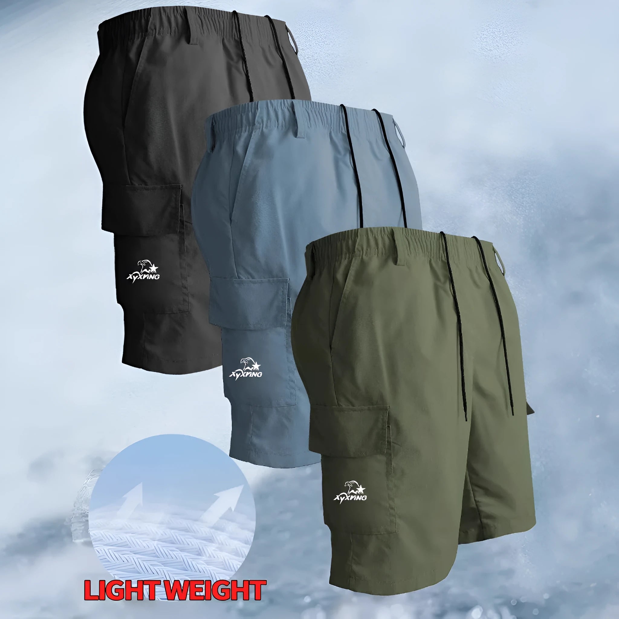 Loose straight-cut casual sports shorts in polyester, shown in khaki colour on a hanger.