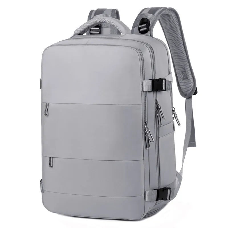 Large purple travel backpack with multiple compartments and air pillow shoulder straps