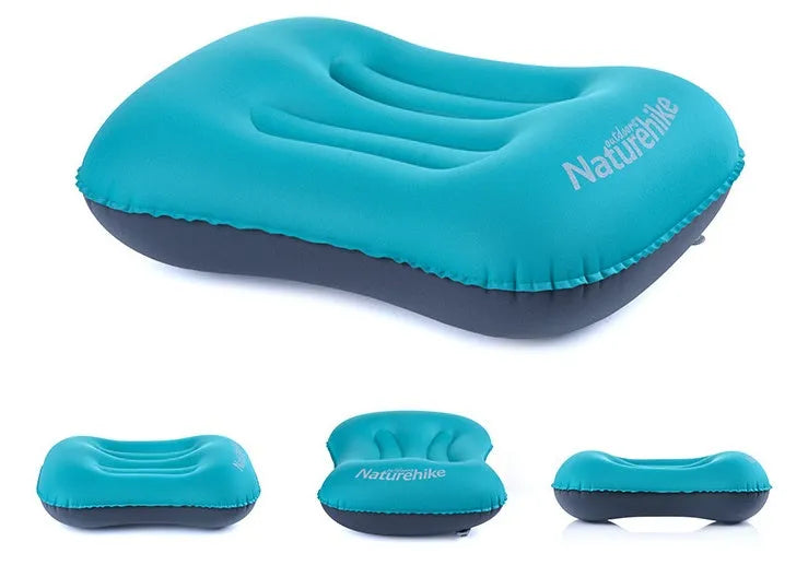 Fruit green inflatable travel pillow with peacock blue pillow case for camping