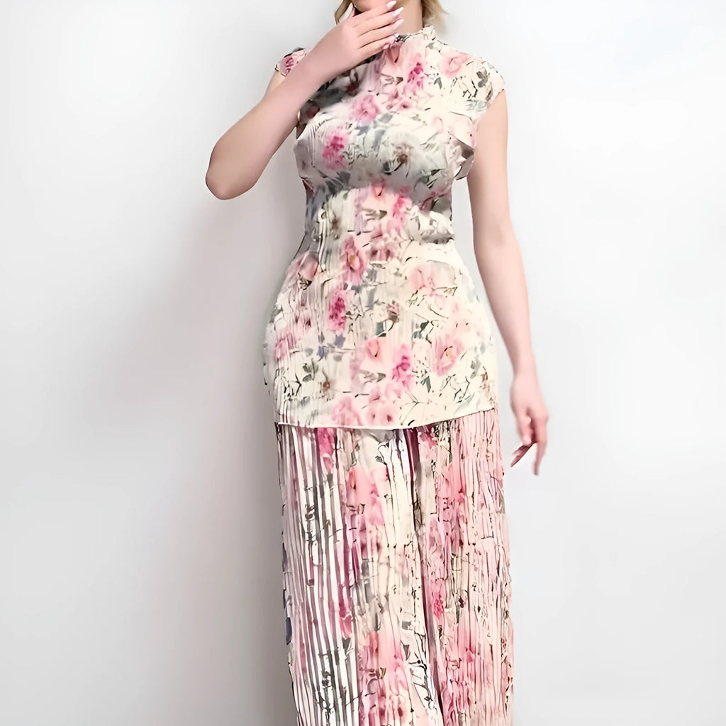 Long sleeve printed chiffon two-piece dress set with high waist design shown in picture colour.