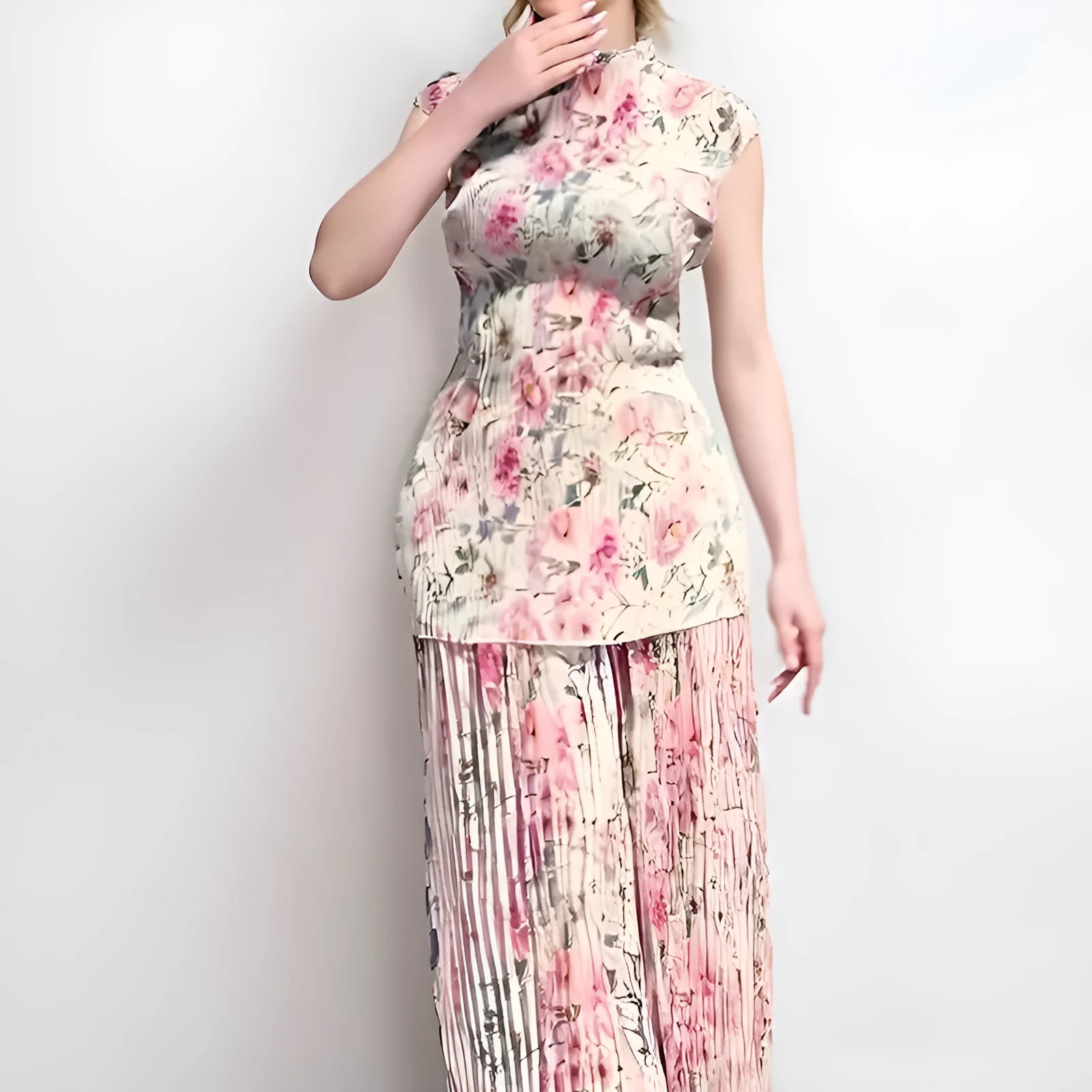 Long sleeve printed chiffon two-piece dress set with high waist design shown in picture colour.
