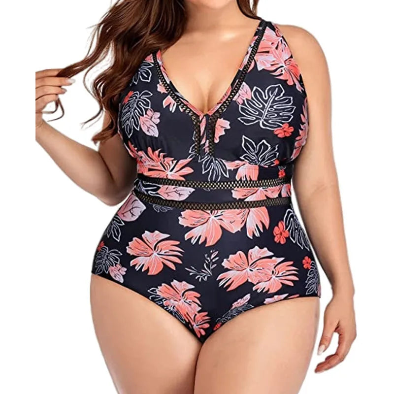 Women's plus size black polyester bikini swimsuit with printing pattern and stitching details