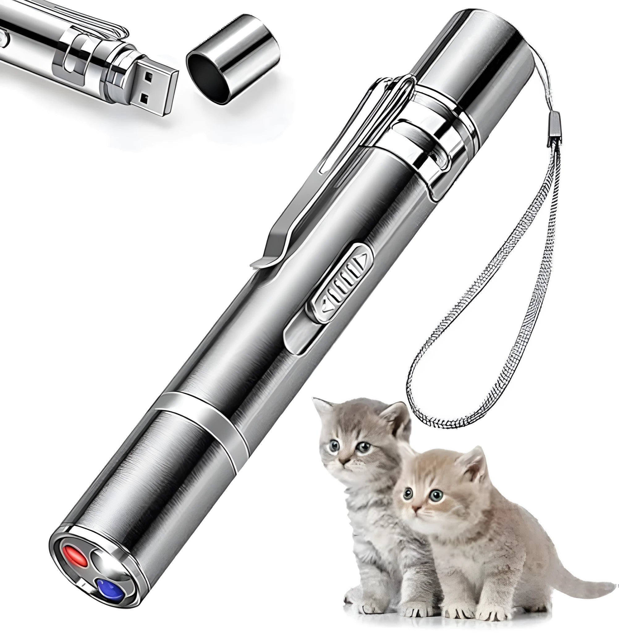 Silver aluminium cat laser pointer toy showing light patterns on a wall.