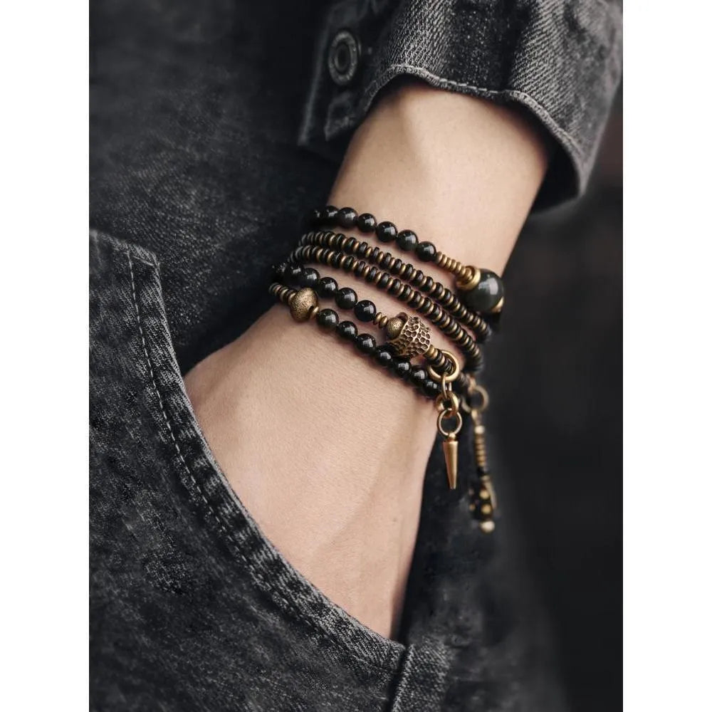 Black geometric layered beaded bracelet with adjustable sizing for unisex wear