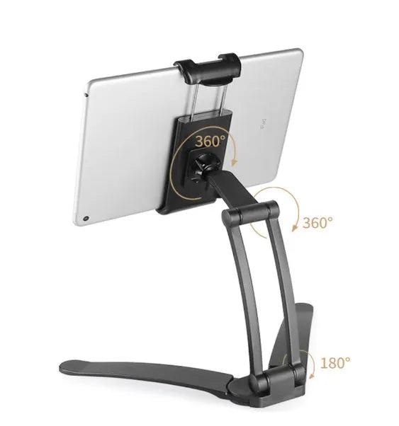 Aluminium alloy desktop tablet stand with adjustable clip holding a tablet at an angle