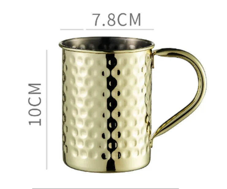 Stainless steel Moscow Mule copper mug with glass interior in silver, gold, rose gold, or black.