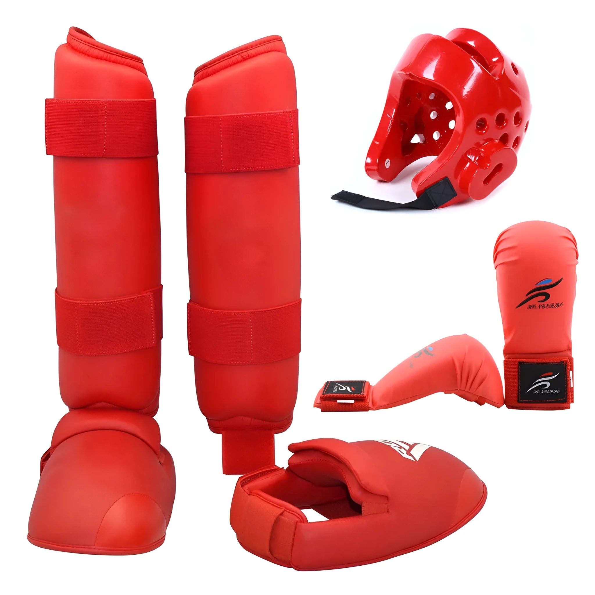Red and blue karate protective gear set with helmet, boxing gloves, and leg guards for martial arts training