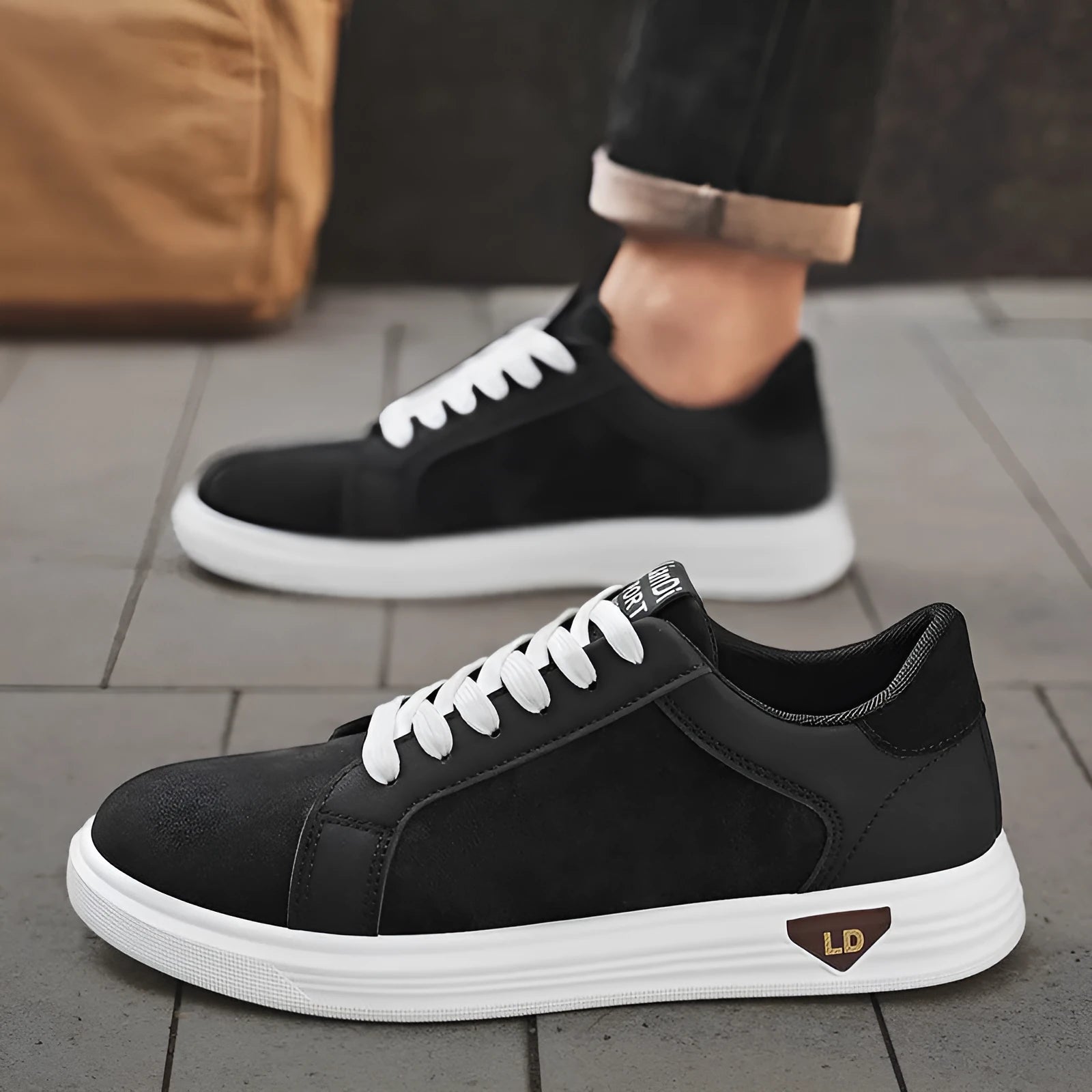 Men's high-cut black PU leather sneakers with snake pattern texture and rubber sole.
