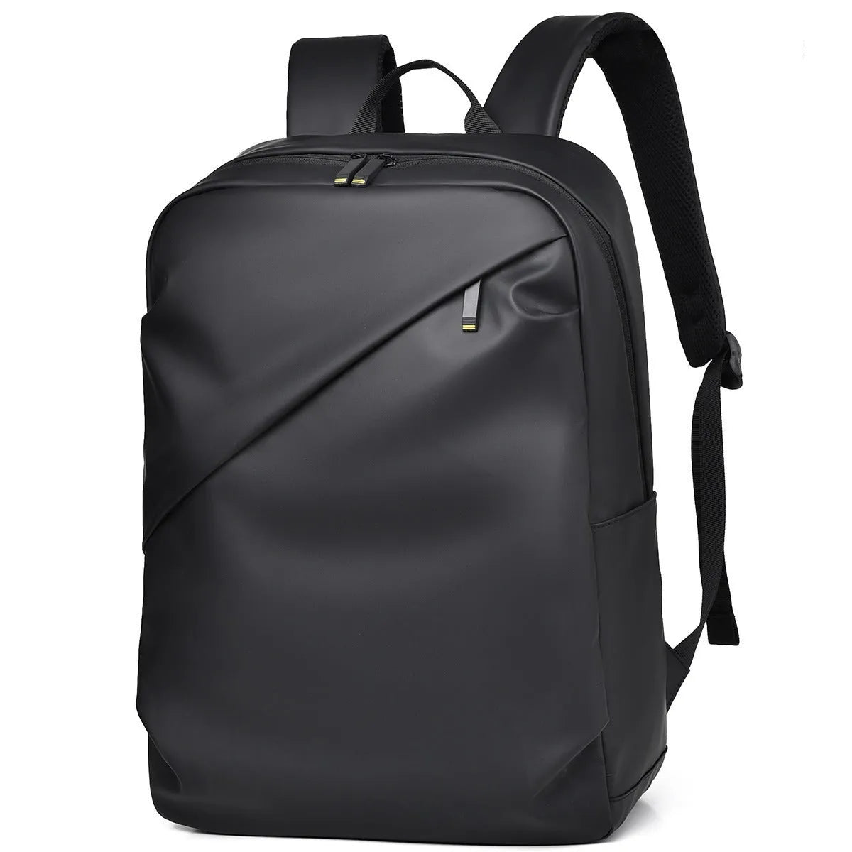 Men's waterproof PU backpack in black with simple sewing thread design and separate computer compartment.
