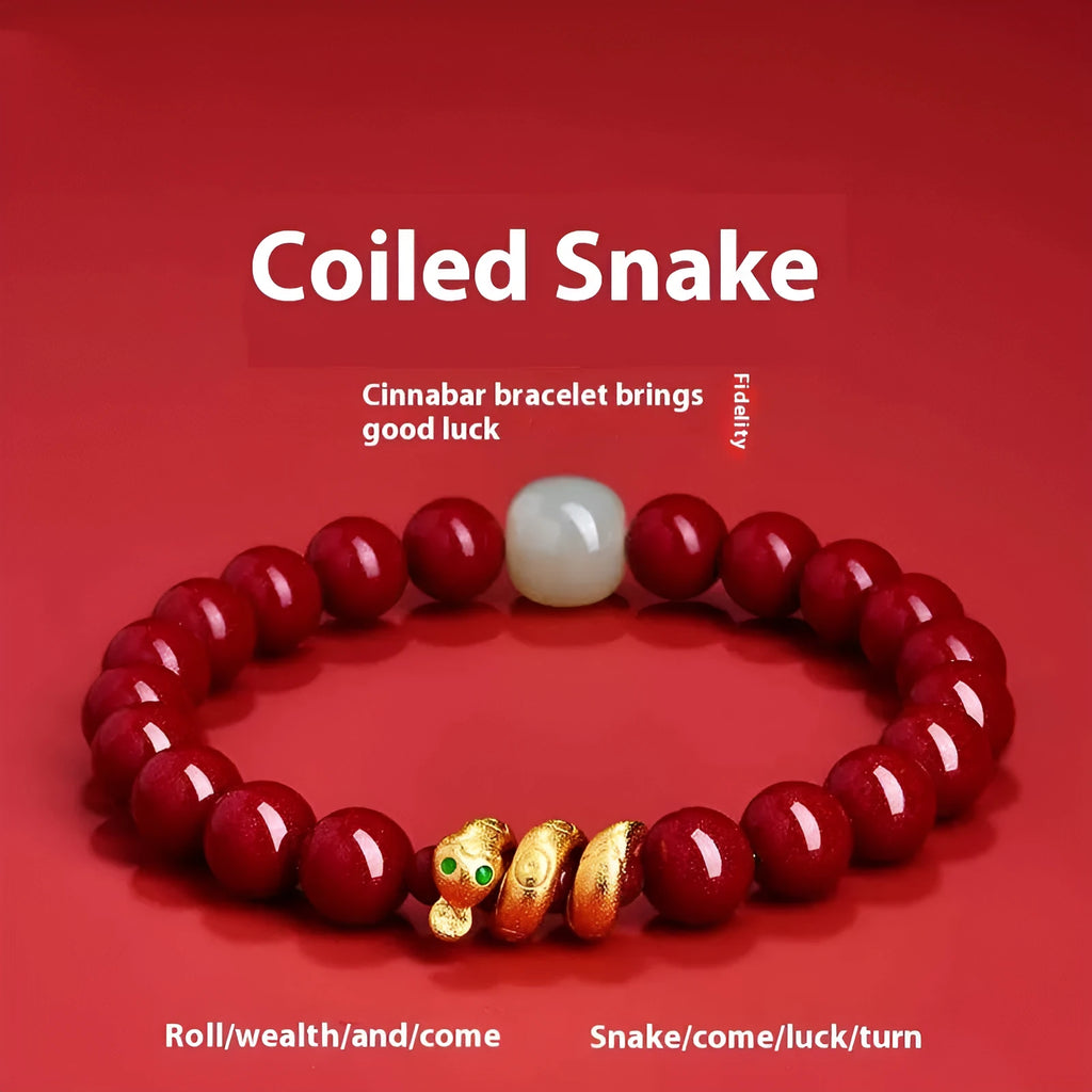 Handmade Chinese-style cinnabar bracelet with snake zodiac beads, shown in 6mm and 8mm sizes.
