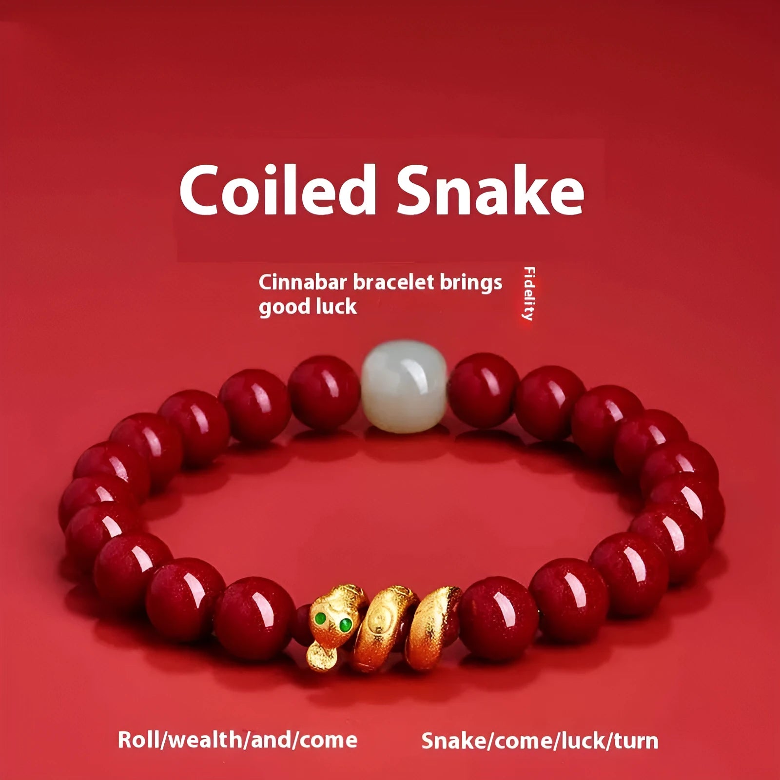 Handmade Chinese-style cinnabar bracelet with snake zodiac beads, shown in 6mm and 8mm sizes.
