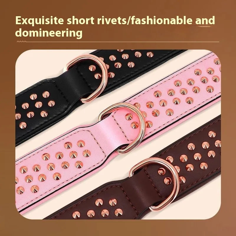 Leather dog collar with metal rivet studs in black, chocolate, or pink colour for large dogs.