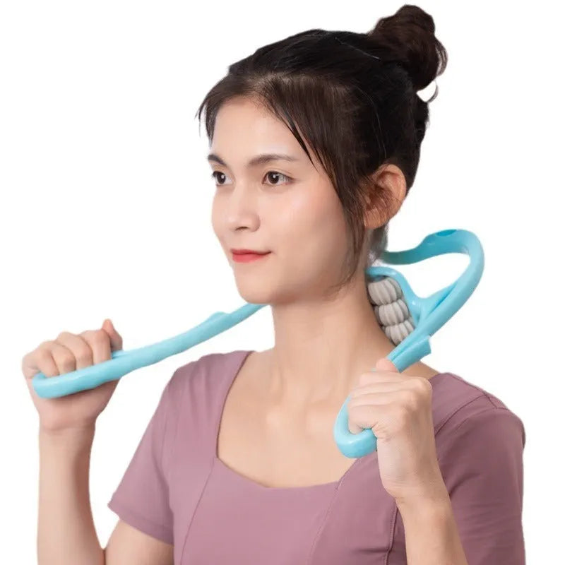 Blue plastic manual massager with six rolling wheels for neck, shoulder and back tension.