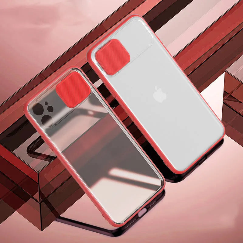 Lens sliding iPhone case in colour contrast design for multiple models, showing black, green, pink, purple, and red options.