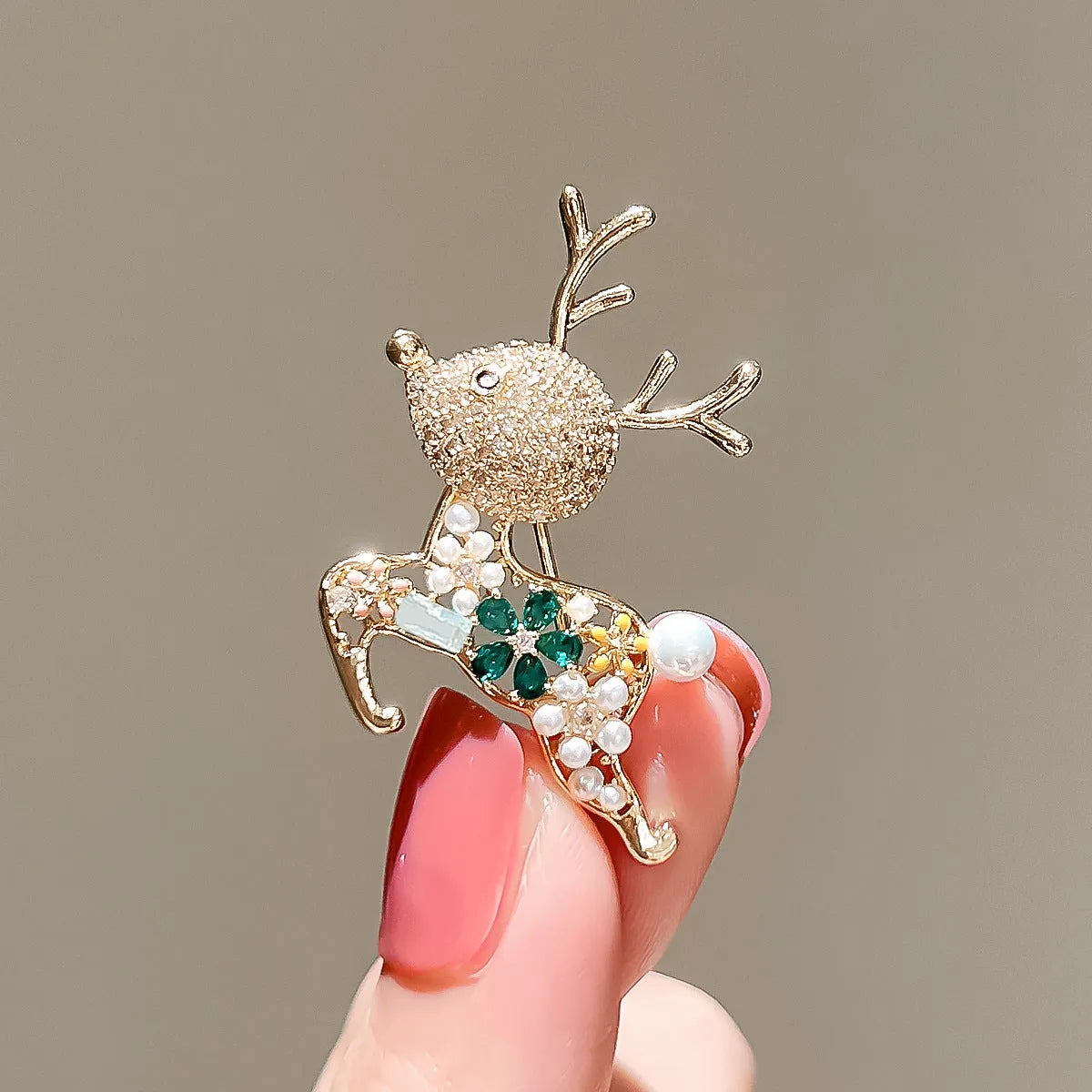 Cute deer alloy brooch with floral shape and cartoon deer in 371 Sika Deer colour