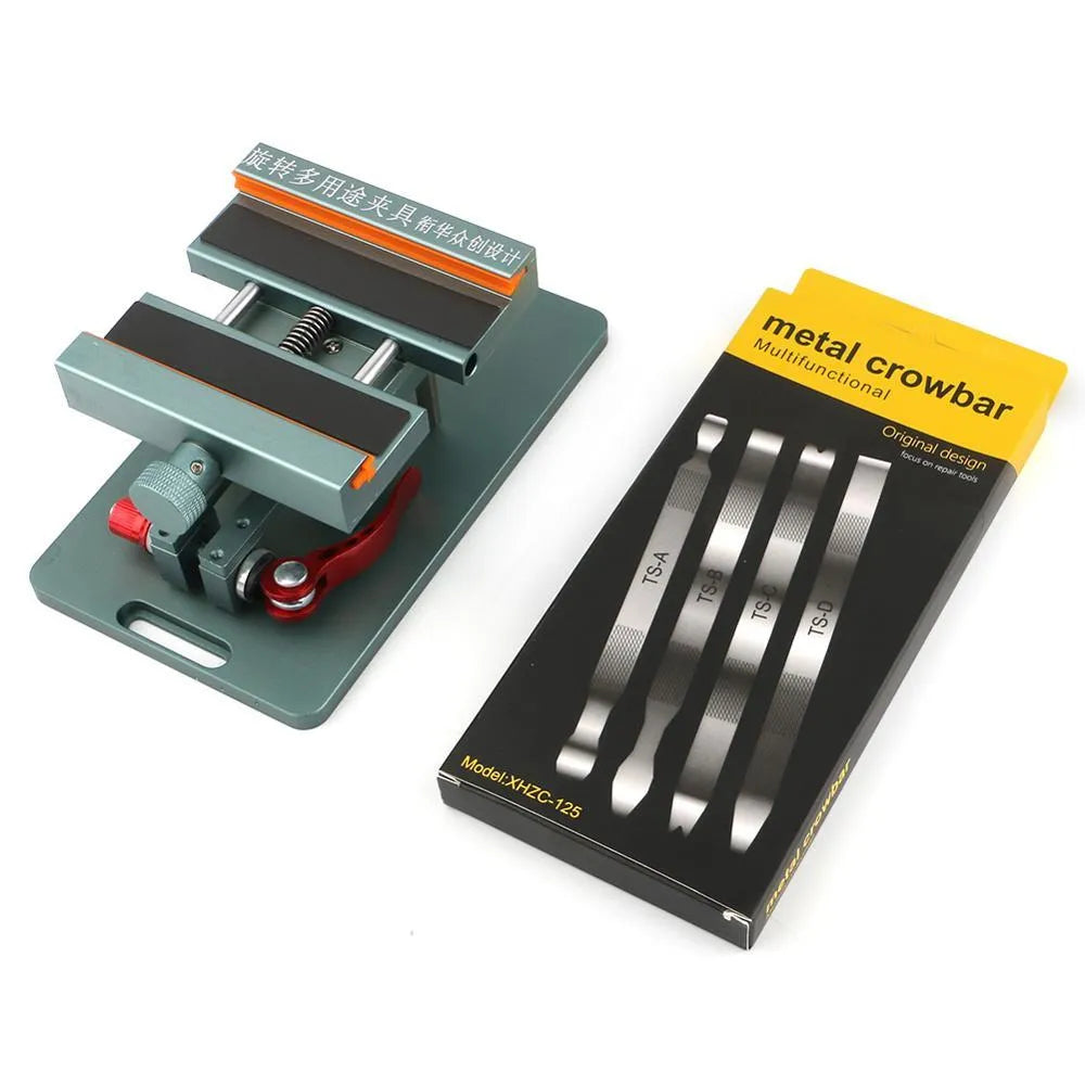 Mobile phone repair clamping fixture with silicone grips and a demolition crowbar tool.